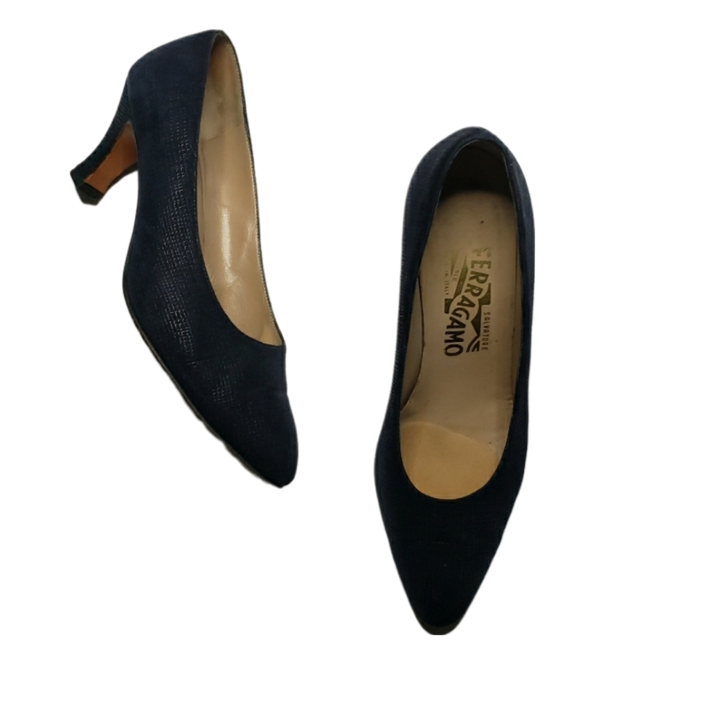 Salvatore Ferragamo Size 7 Navy Blue Almond Toe Slip On Heeled Pumps